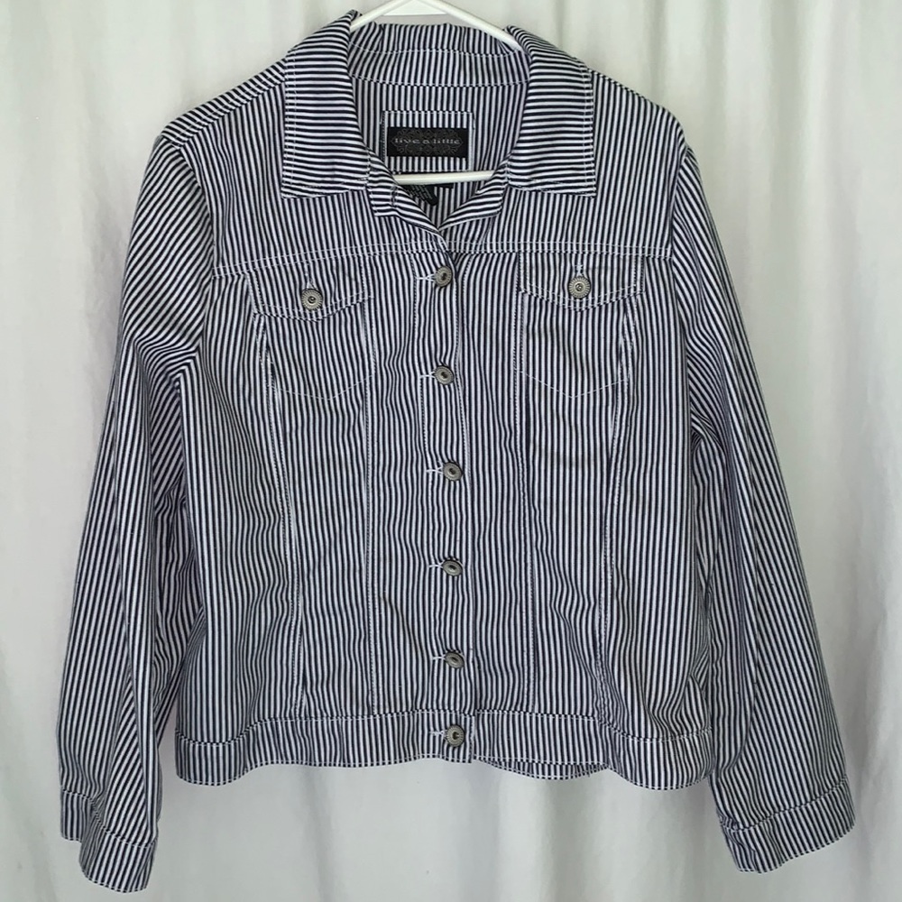 Light Weight Jean Jacket Navy White Stripe ruffled back & arms Live a little XL